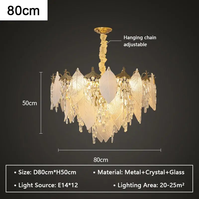 Elegant 80cm wide pendant light with gold-toned metal frame frosted glass leaf accents and crystal glass chandelier droplets