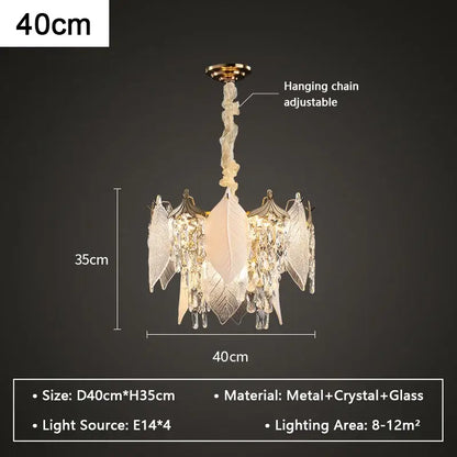 Leaf shaped gold and crystal glass chandelier pendant light with translucent shades and dangling crystal droplets
