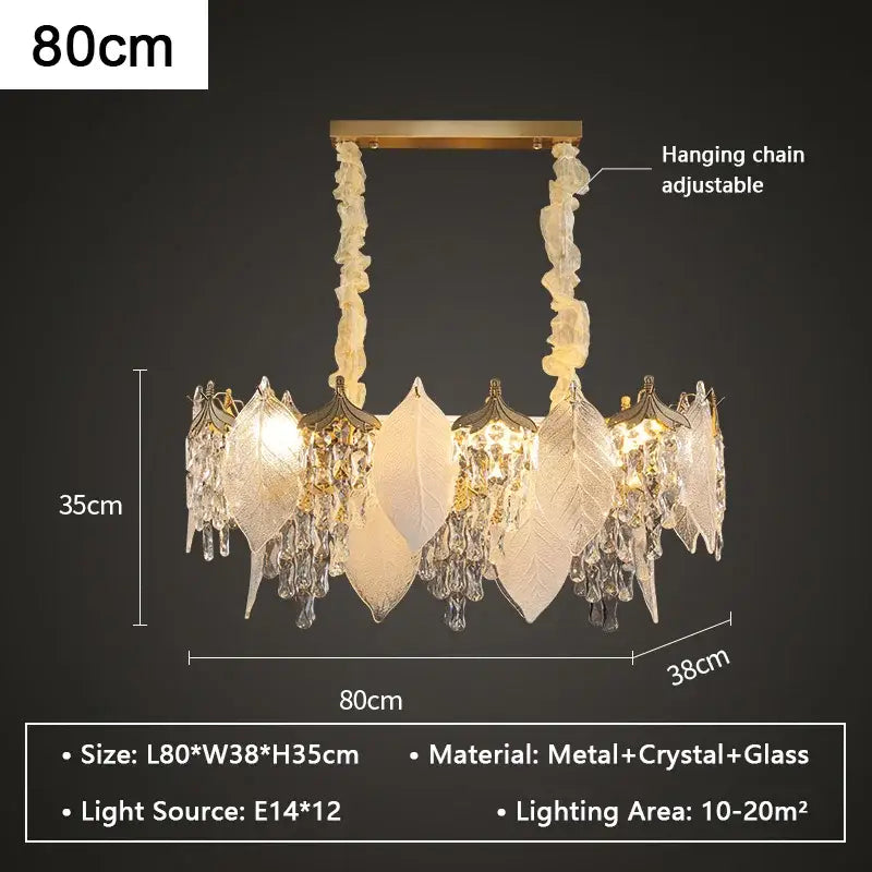Elegant 80cm leaf shaped gold pendant light with frosted glass and decorbites crystal glass chandelier accents