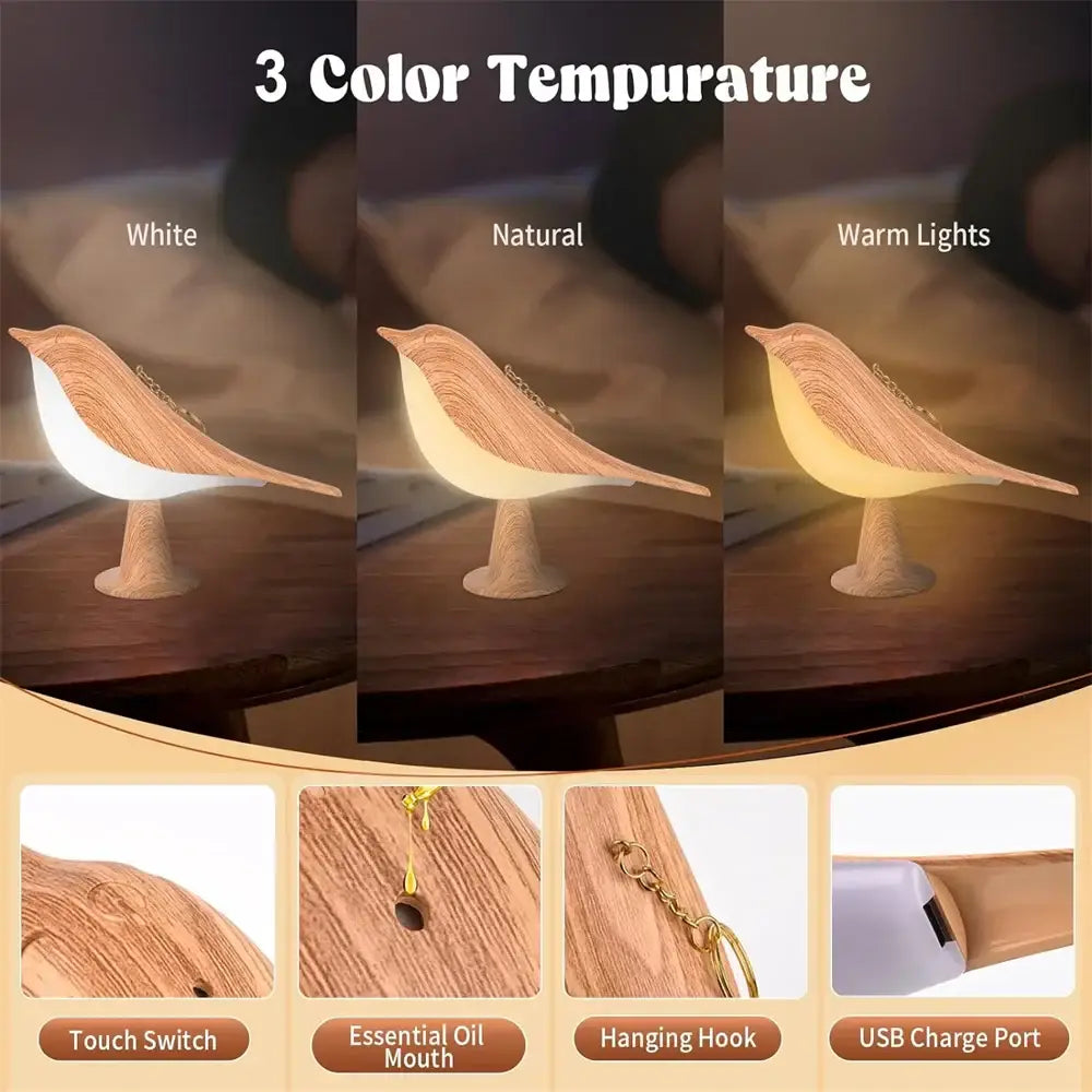 Wooden decorbites bird lamp with natural wood grain finish and three color temperature settings for bedside use