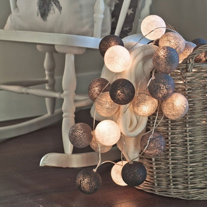 LED cotton ball lights decorative string lights with black white and gold cotton globes for indoor ambiance lighting