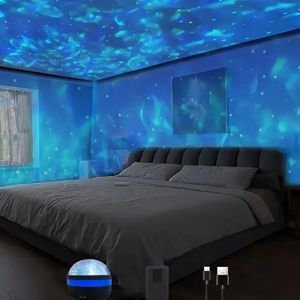 Blue and black spherical led galaxy star projector with glowing blue light effect for bedroom night light use