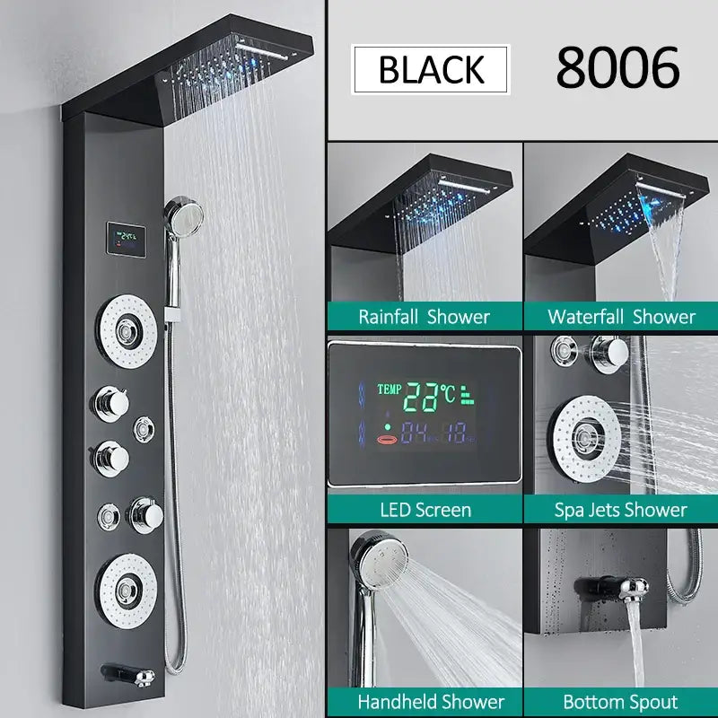 LED Shower Panel Tower System Rain Waterfall Shower Column Hydroelectricity LCD Display With Massage Body Spa Bath Shower Faucet