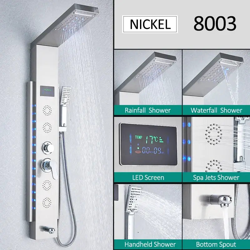 LED Shower Panel Tower System Rain Waterfall Shower Column Hydroelectricity LCD Display With Massage Body Spa Bath Shower Faucet