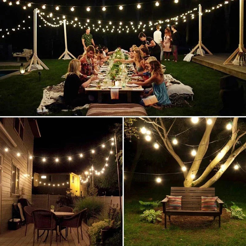 String lights with warm white solar crystal globe bulbs draped over wooden posts for cozy outdoor garden decoration