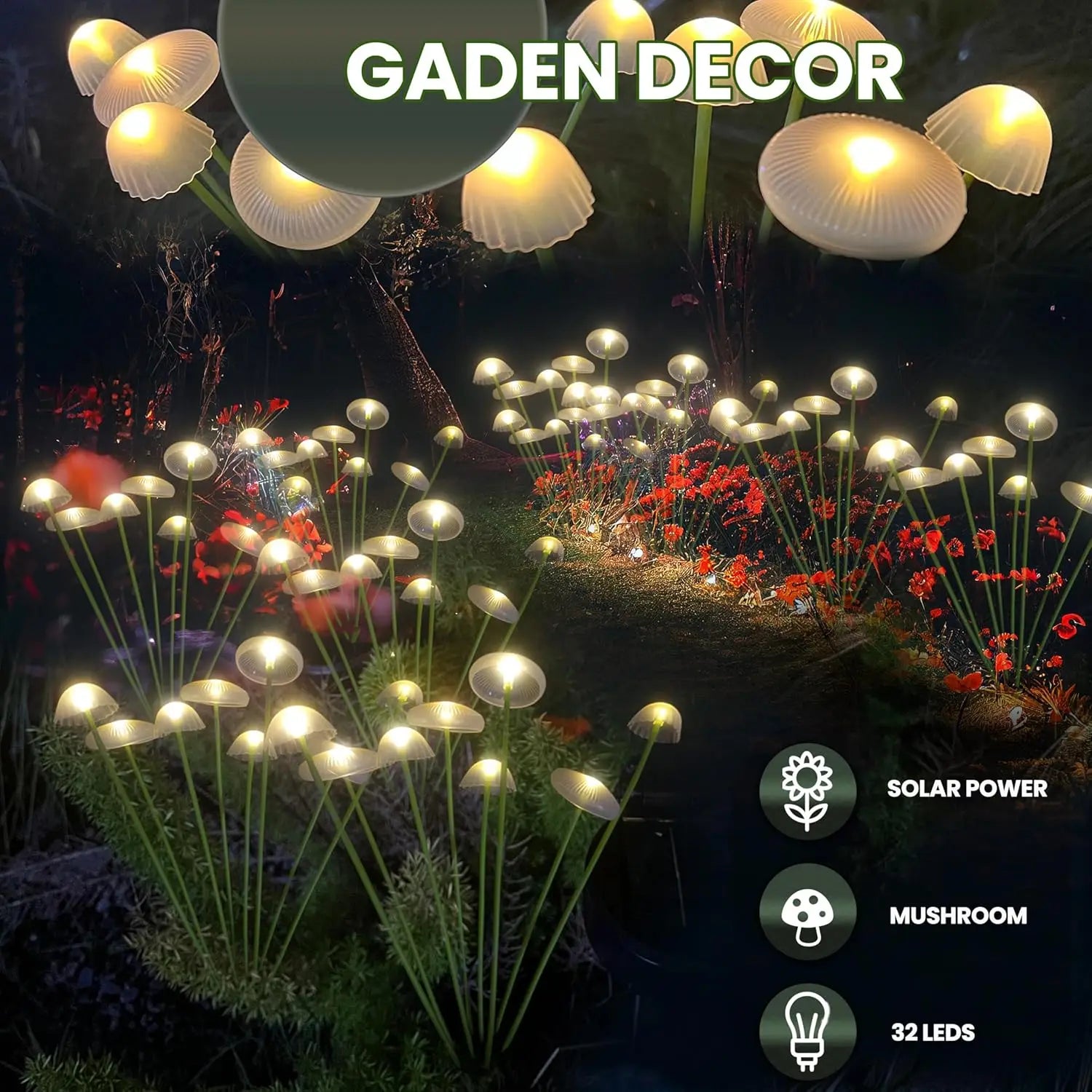 Led solar jellyfish mushroom lamp with warm glowing caps and green stems used for outdoor garden terrace lighting