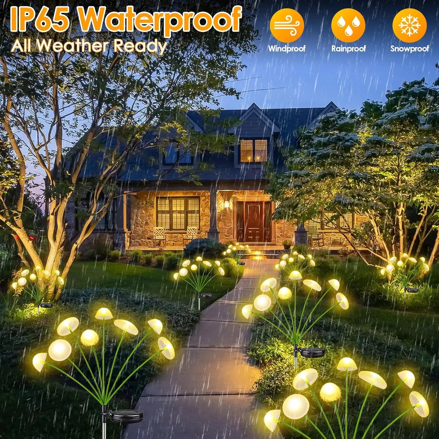 Yellow solar-powered LED jellyfish mushroom garden lights with green stems and black bases for outdoor lawn and terrace decoration