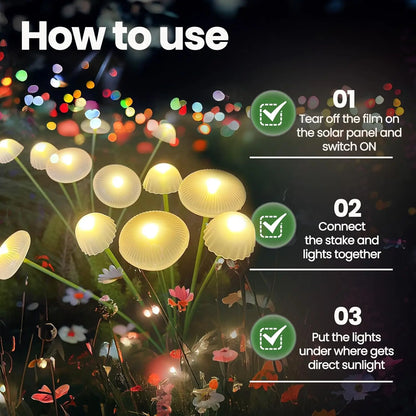 Led solar jellyfish mushroom lamp with warm yellow led bulbs and translucent scalloped caps for garden lighting