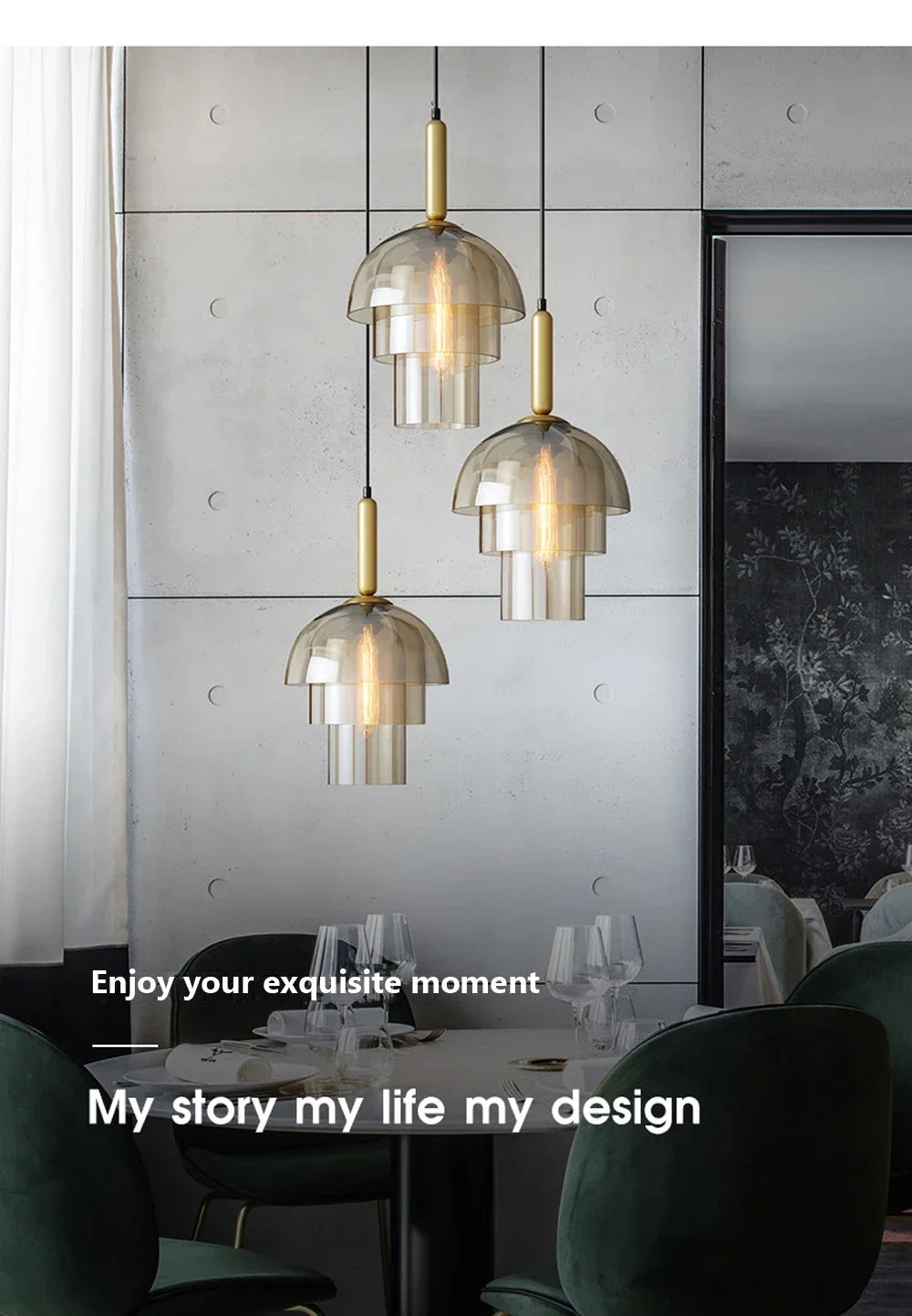 Three tiered glass pendant lights with brass accents in champagne vintage style for restaurant and living room decor