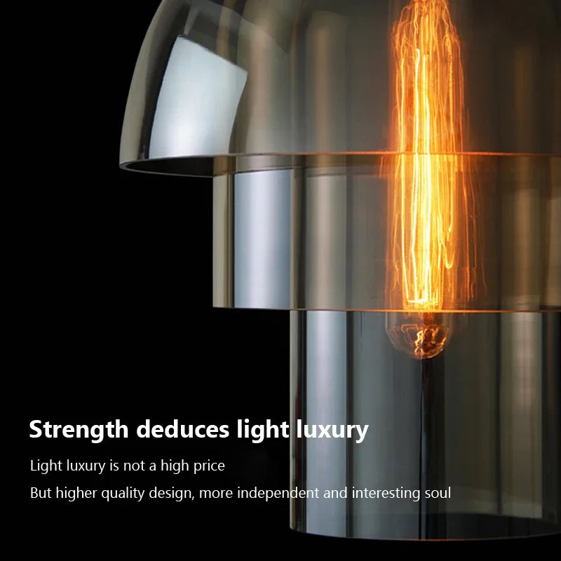 A modern tiered LED vintage art champagne chandelier pendant lamp with brushed chrome and smoked glass shades