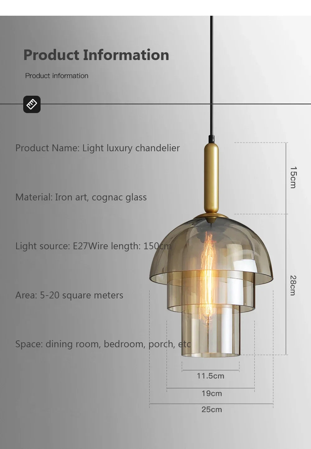 A modern light luxury chandelier with brass iron frame and layered cognac glass shades for living room and bar decor