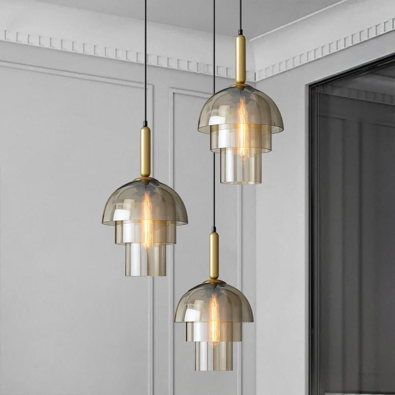 Three tiered LED vintage glass pendant lights with brass accents for restaurant living room and bar decor lighting