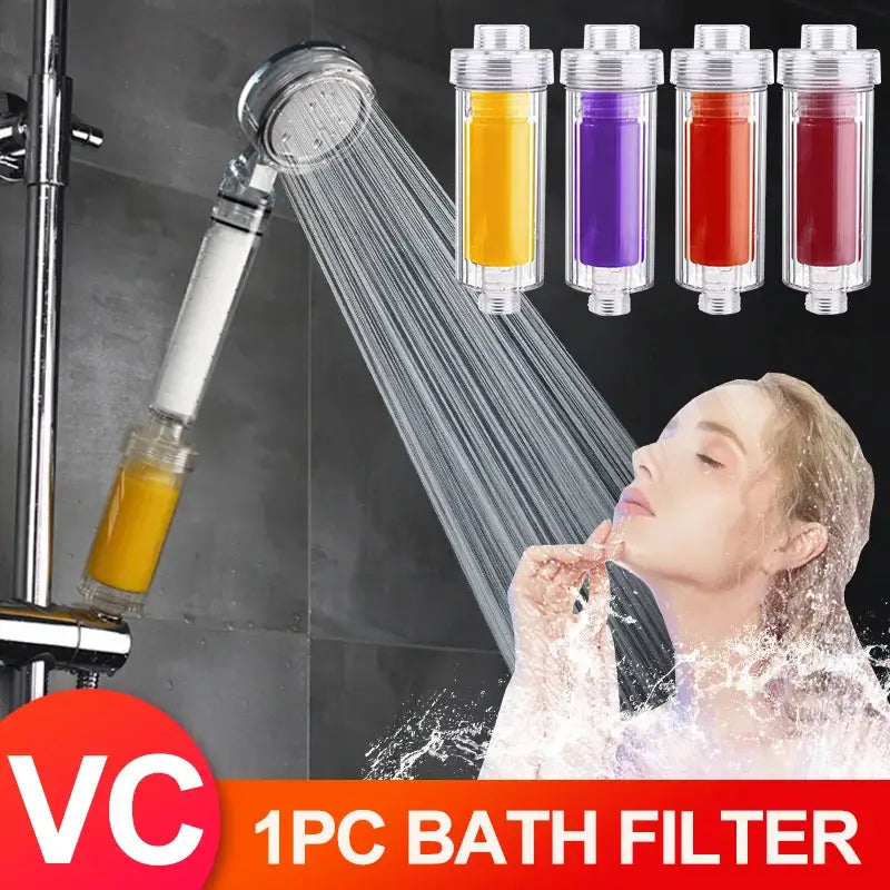 Clear cylindrical shower filter with yellow vitamin c cartridge for decorbites lemon vitamin skin and hair care