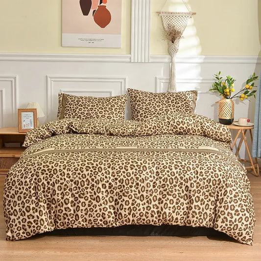 Leopard print beige and brown bedding set made of soft fabric featuring decorbites leopard print pattern for bedroom use