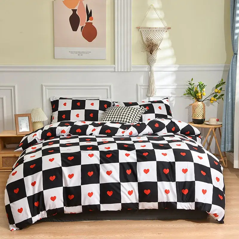 Black and white checkered duvet cover with red heart patterns from decorbites leopard print beige and brown bedding set