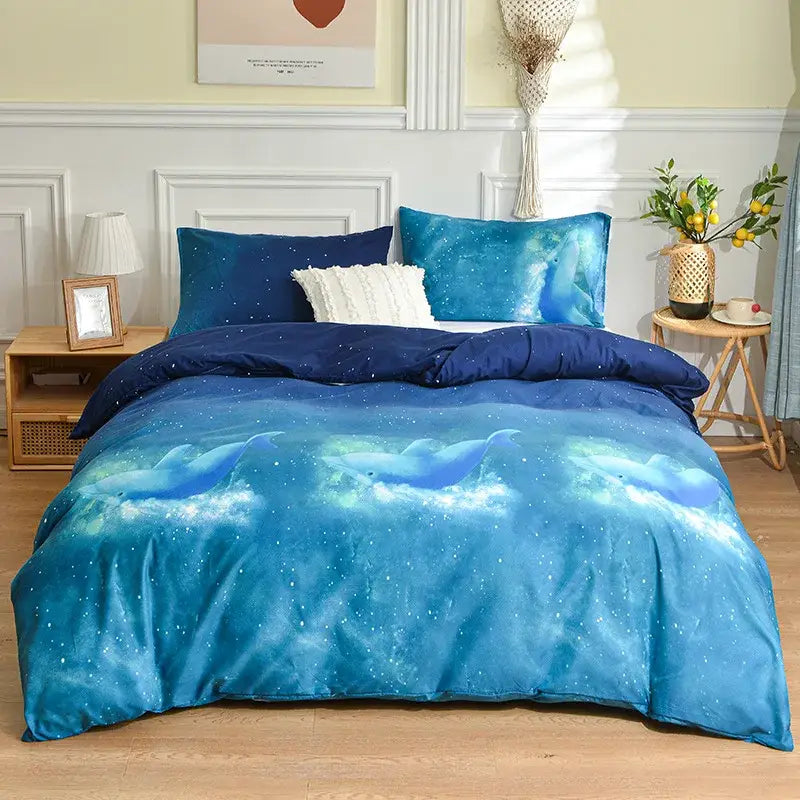 Blue dolphin themed duvet cover set with starry ocean design complements decorbites leopard print bedding set