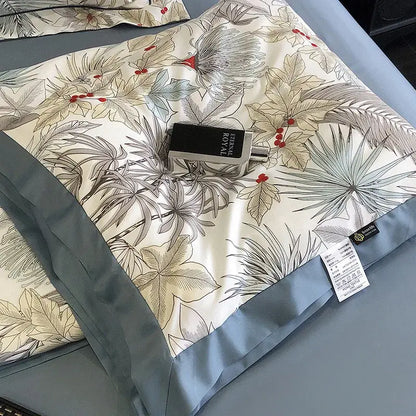 Luxurious cream silk pillowcase with botanical print and blue satin border for decorbites leopard print summer decor