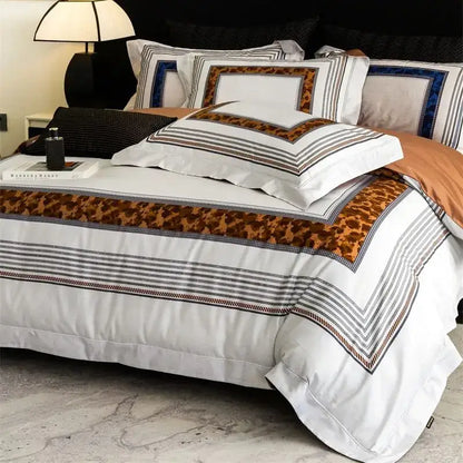 White duvet cover with bold leopard print and geometric stripes in brown black and gray from decorbites 1000tc egyptian cotton bedding set