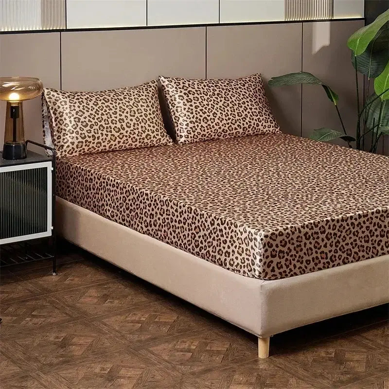 Leopard print satin bedsheet set in beige and brown with a smooth fabric for stylish bedroom bedding