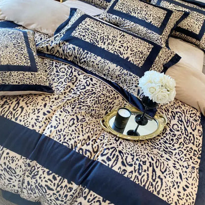 Cream-colored and navy blue leopard print velvet bedding set with satin trim for decorbites leopard print bedroom decor