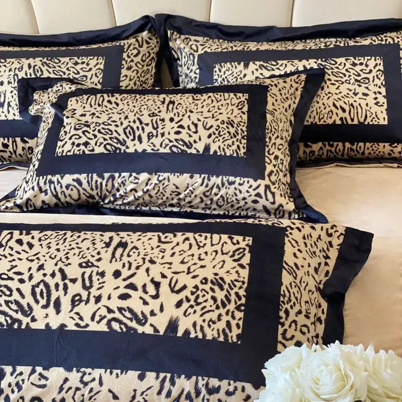 Set of four navy and beige leopard print velvet pillowcases with bold geometric borders for decorbites bedding set