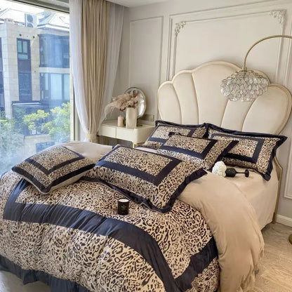 Leopard print velvet bedding set with navy blue trim and plush soft texture for decorbites leopard print bedroom decor