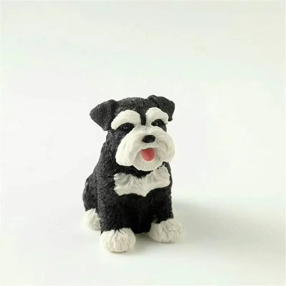 Lifelike black and white resin decorbites dog sculpture of miniature schnauzer with textured fur and pink tongue for living room decor