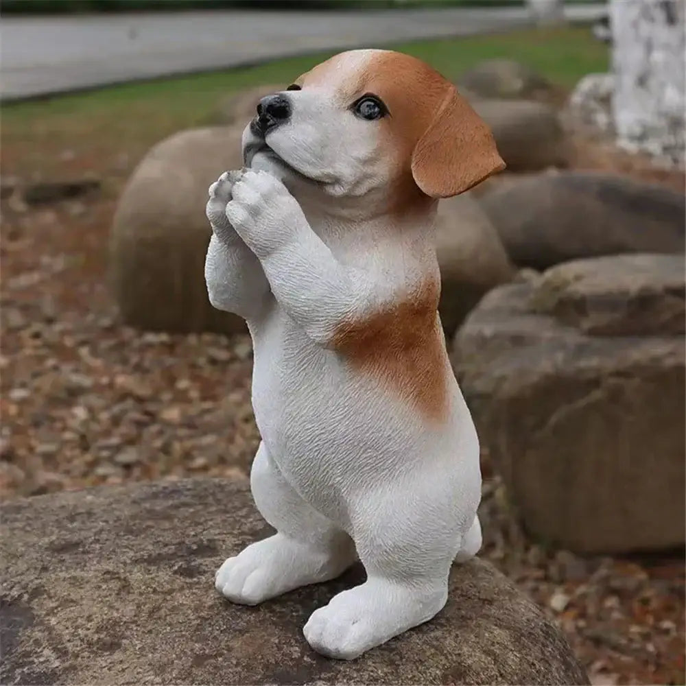 A lifelike white and tan resin beagle puppy dog sculpture with detailed fur texture for decorbites dog decorbites dog sculpture