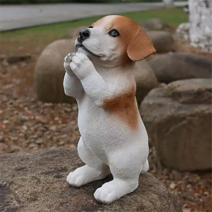 A lifelike white and tan resin beagle puppy dog sculpture with detailed fur texture for decorbites dog decorbites dog sculpture