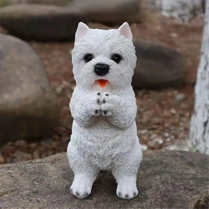 Lifelike black and white resin dog sculpture of a west highland terrier sitting on rock for decorbites dog decor
