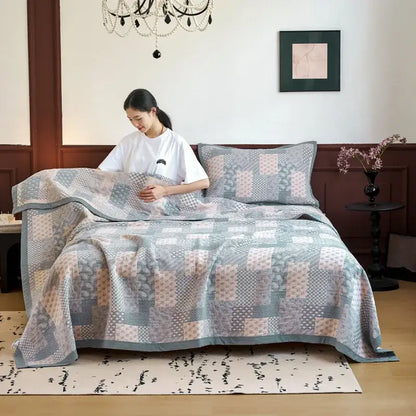 A decorbites cotton summer cool quilt in light blue and gray with a soft patchwork towel blanket design