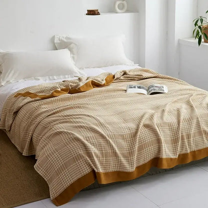 Beige and mustard yellow plaid throw blanket with soft textured weave for decorbites cotton gauze towel throw bedroom use