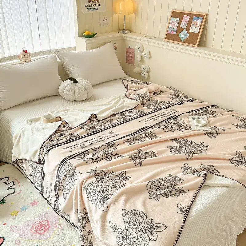 Soft blush pink fleece milk velvet blanket with black floral embroidery and decorative border for cozy decorbites cozy milk use