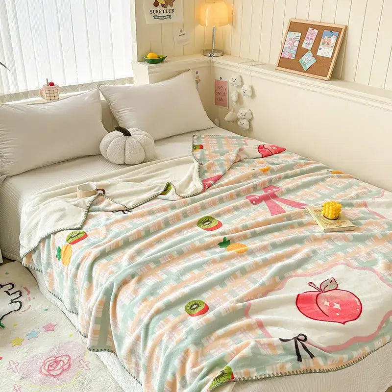 Pastel-colored cozy milk velvet blanket with fruit and bow pattern in mint green peach and white for decorbites cozy milk