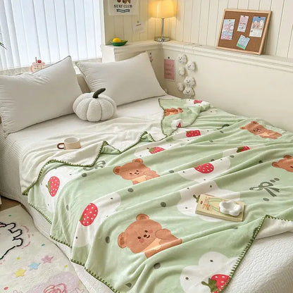 Soft mint green milk velvet blanket with brown teddy bears and red strawberries from decorbites cozy milk collection