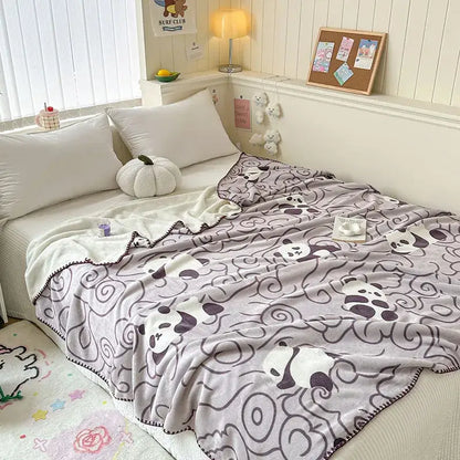 A soft lavender light blue bear pattern cozy milk velvet blanket with playful pandas and swirling gray designs for bedroom or travel decorbites cozy milk velvet