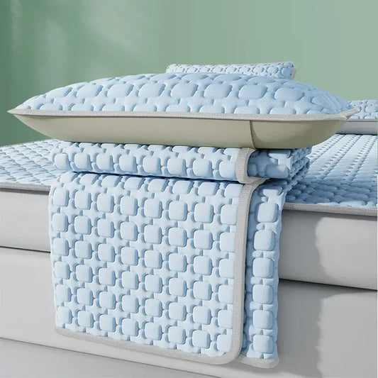 Light blue and beige quilted decorbites cooling latex pad mattress pad with matching pillow for bedroom use