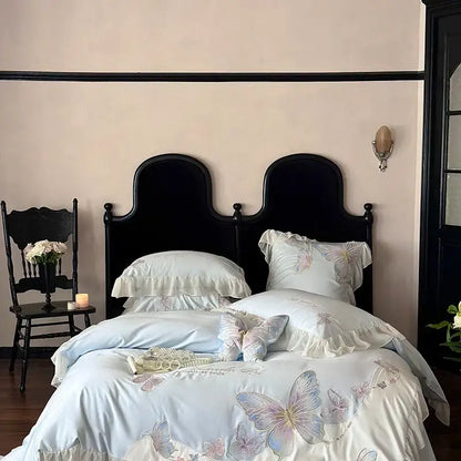 Light blue butterfly embroidery bedding set with delicate ruffles and decorbites french lace for bedroom decor