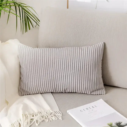 Beige rectangular corduroy flocking pillow cover with vertical ribbed texture for living room decorbites decor