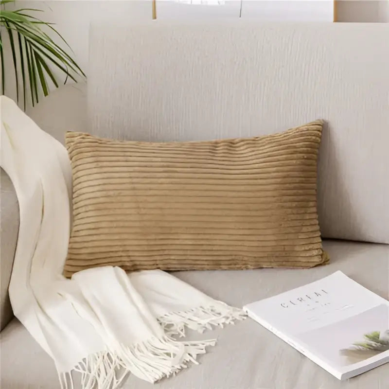 Beige corduroy rectangular pillow with vertical ridges showcasing decorbites corduroy flocking pillow cover design