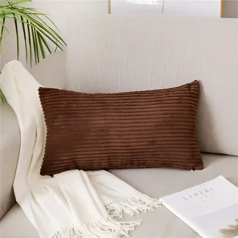 Brown corduroy rectangular pillow with ribbed texture on light sofa for decorbites corduroy flocking pillow cover decor