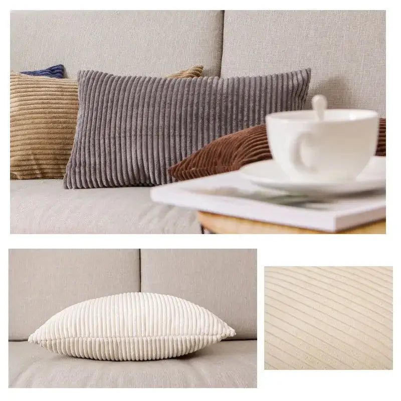 Gray corduroy flocking pillow cover with vertical ribs featuring a soft textured surface for decorbites living room decor