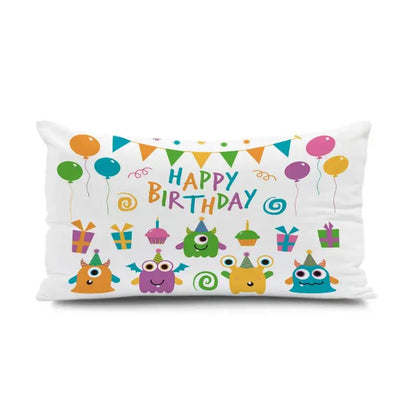 White rectangular pillowcase with colorful happy birthday decor featuring decorbites dinosaur animal cartoon design