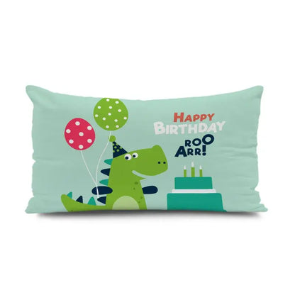 Light blue decorbites dinosaur animal pillowcase with cartoon dinosaur holding balloons next to birthday cake decor