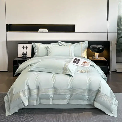 Light blue egyptian cotton embroidery duvet cover bedding set with subtle silver thread satin detailing for bedroom