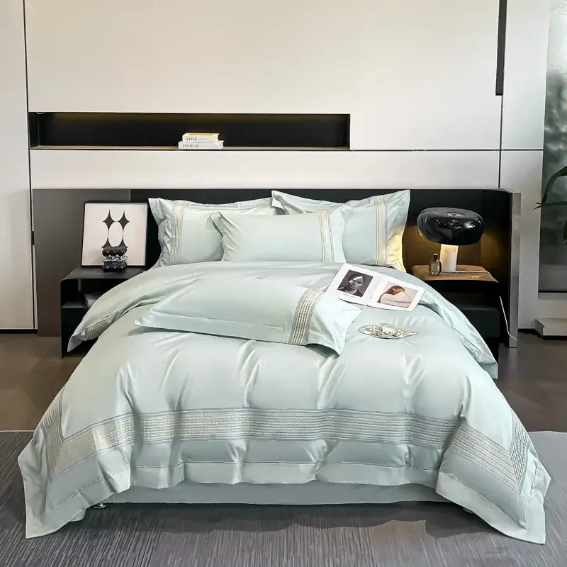 Light blue egyptian cotton embroidery duvet cover bedding set with subtle silver thread satin detailing for bedroom