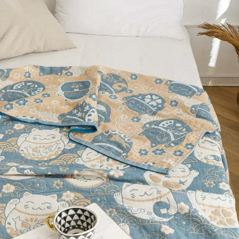 Light blue and gray decorbites cotton gauze summer blanket with beige and blue lucky cat patterns for bedroom throw