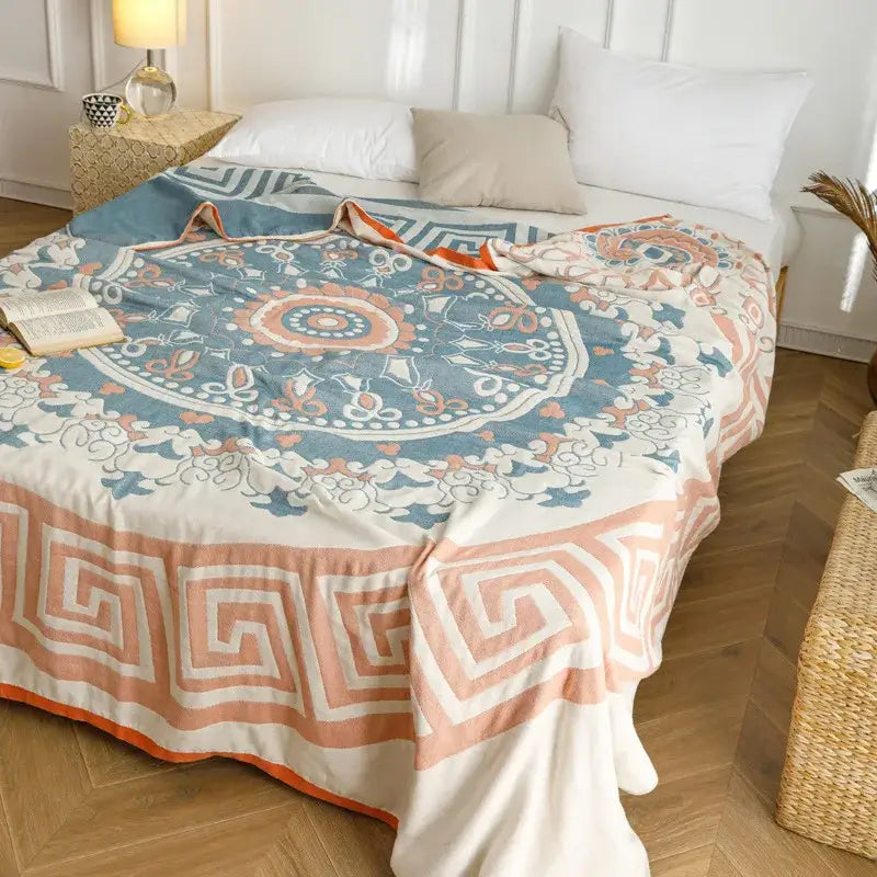 Light blue and gray decorbites cotton gauze summer blanket with mandala and greek key patterns for bedroom throw decor