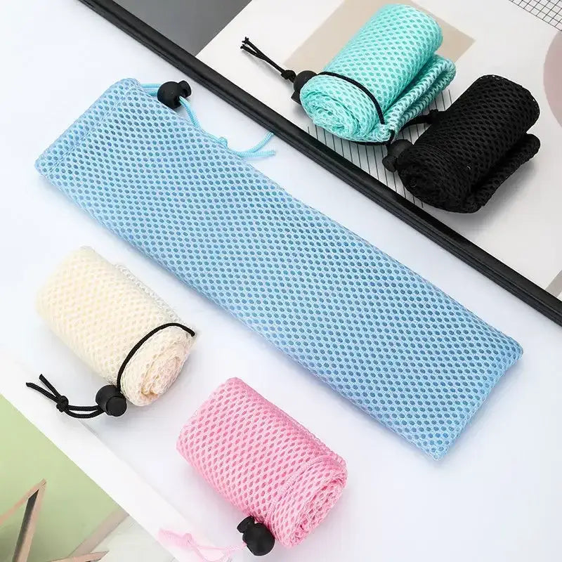 Light blue mesh cotton linen cutlery case with black drawstring closure for dining room travel by decorbites cotton linen