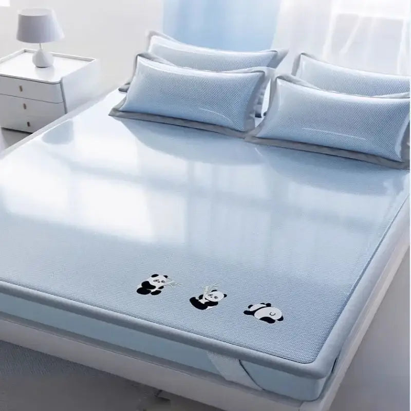 Light blue panda cooling antibacterial mattress pad with textured surface and black panda illustrations by decorbites cooling antibacterial